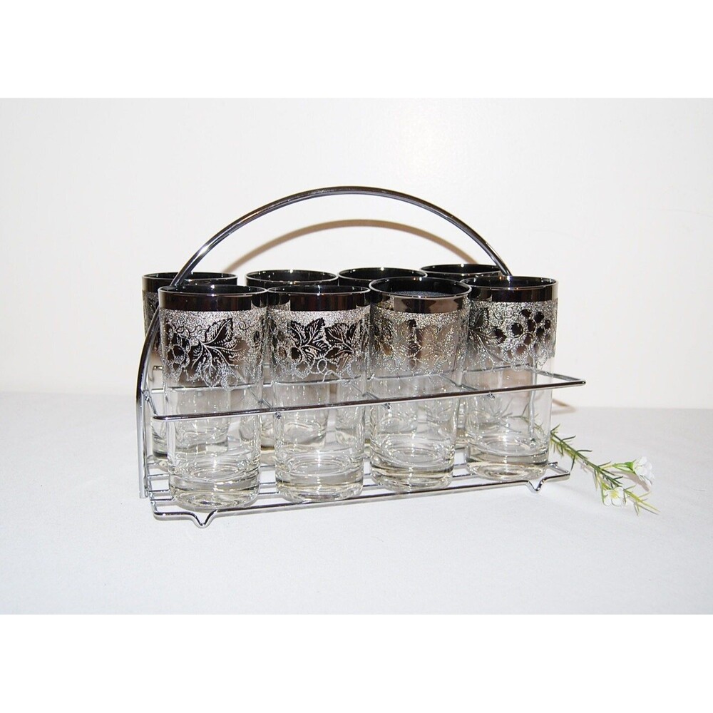 Vintage Glasses Eight Silver Etched with Carrier